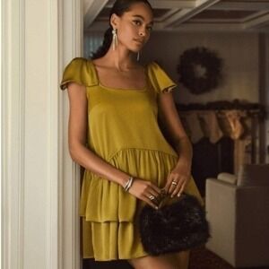 Scoop‎ Olive Dust Satin Bow Shoulder Tiered Mini Dress XXL (20) New NWT